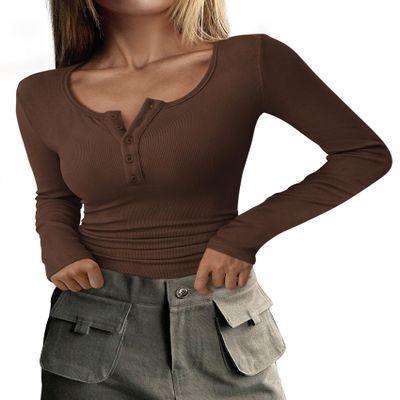 PRETTYGARDEN Women's Fall Long Sleeve Henley T Shirts Coffee