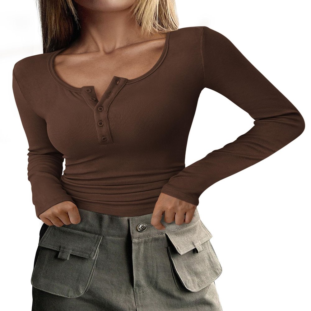 PRETTYGARDEN Women's Fall Long Sleeve Henley T Shirts Coffee