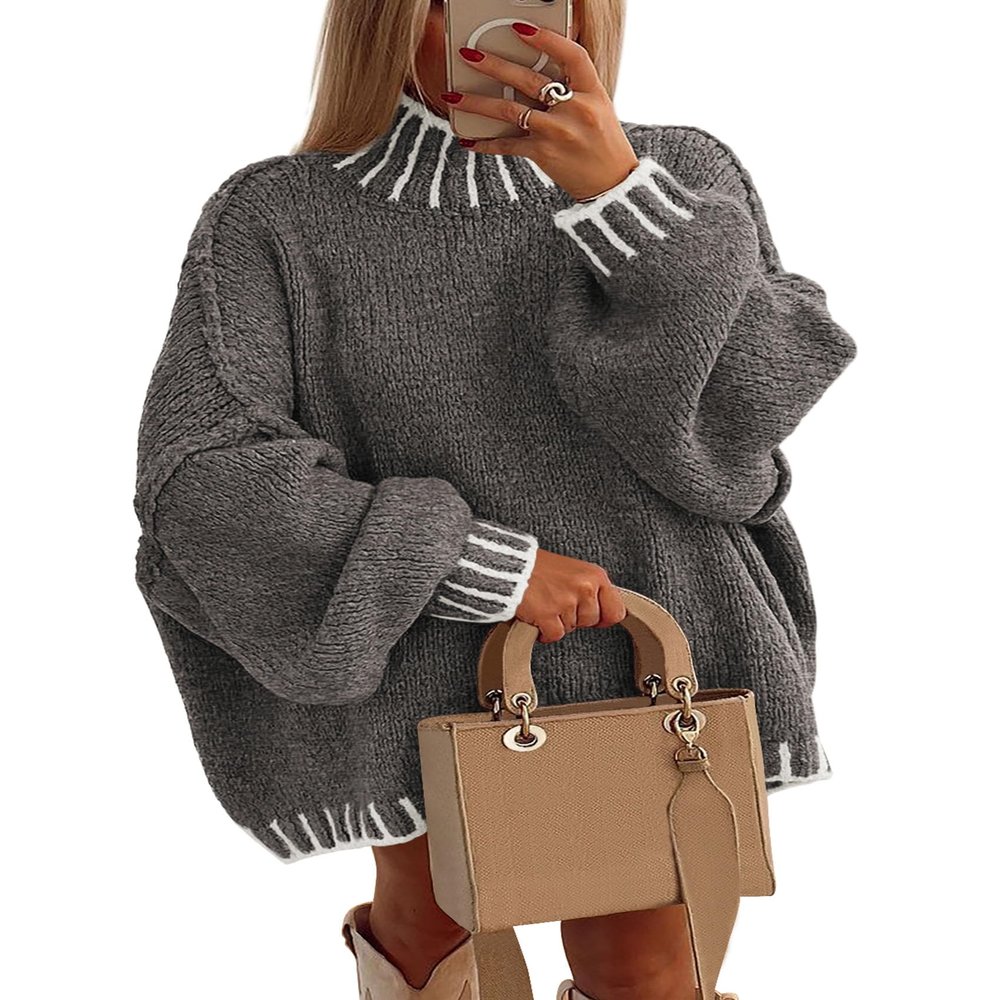 PRETTYGARDEN Women's 2026 Fall Oversized Pullover Sweaters Long Sleeve Mock Neck Chunky Knit Jumper Tops Winter Clothing (Grey,XX-Large)