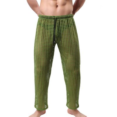 JEKE-DG Men's See Through Mesh Pant Fishnet Openwork Lingerie Pants Drawstring Sexy Long Pants Pajamas Bottoms (Green,Large)