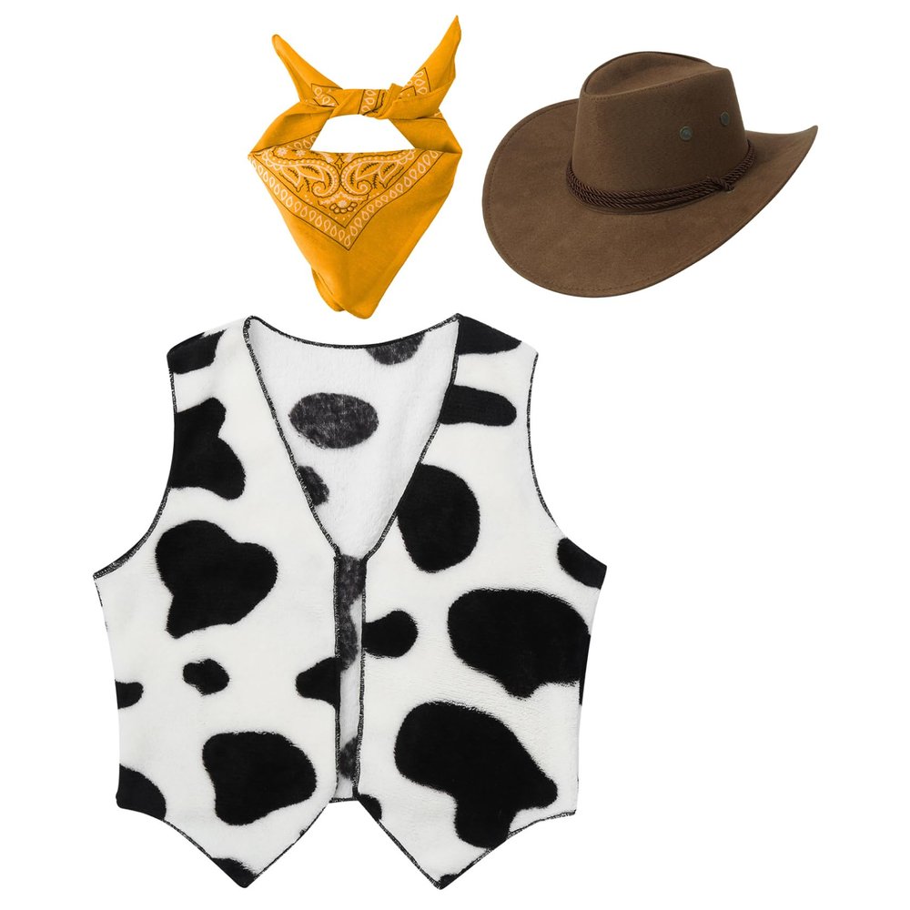 Sxiwei Kids Boys Girls Cowboys Cowgirls Fancy Dress Ups Cow Print Vest Waistcoat Tops with Bandana Hats Set Yellow 10 Years