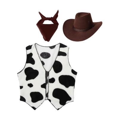 Hansber Kids Cowboy Cowgirl Outfits Open Front Waistcoat Tops Cow Print Vest with Bandana Hats for Halloween Party Coffee 14 Years