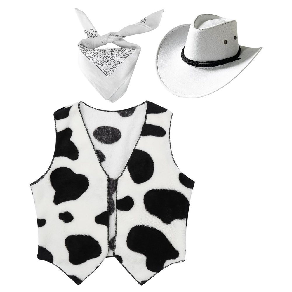 Manyakai Unisex Kids Cowboy Cowgirls Outfits Cow Print Vest Waistcoat Tops with Bandana Hats Set White 3 Years