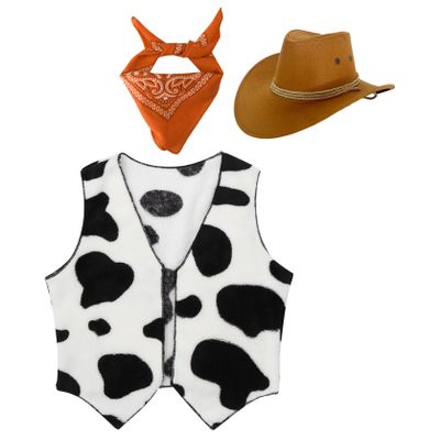 Manyakai Unisex Kids Cowboy Cowgirls Outfits Cow Print Vest Waistcoat Tops with Bandana Hats Set Orange 5 Years