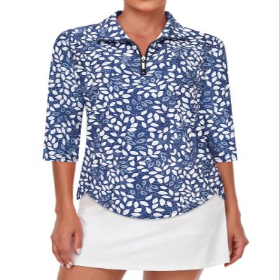 Tanst Sky Golf Polo for Woman, Women's UPF 50 3/4 Sleeve Tops Quarter Zip Collared Curvy Hem Activewear Ladies Yoga Workout Running Hiking Loose Fitting Athletic Clothing Blue Leaves XX-Large