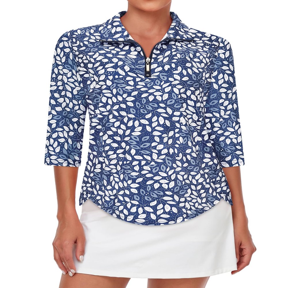 Tanst Sky Golf Polo for Woman, Women's UPF 50 3/4 Sleeve Tops Quarter Zip Collared Curvy Hem Activewear Ladies Yoga Workout Running Hiking Loose Fitting Athletic Clothing Blue Leaves XX-Large