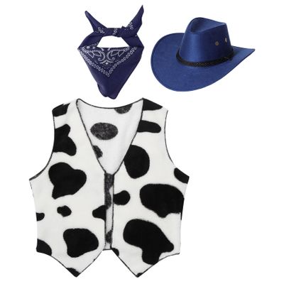 Manyakai Unisex Kids Cowboy Cowgirls Outfits Cow Print Vest Waistcoat Tops with Bandana Hats Set Blue 3 Years
