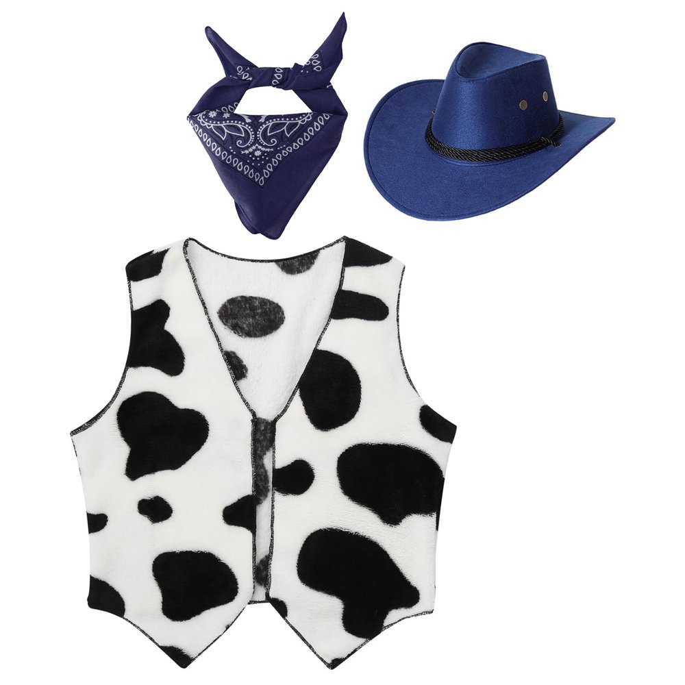 Manyakai Unisex Kids Cowboy Cowgirls Outfits Cow Print Vest Waistcoat Tops with Bandana Hats Set Blue 3 Years