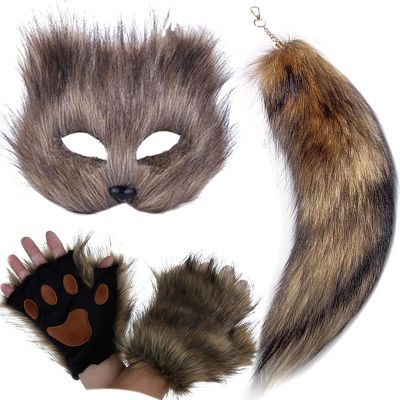 NWSTESLE Furry Therian Mask and Tail for Kids,Animal Fox Mask Wolf Tail Paws Set,Over 1 Years Old Brown