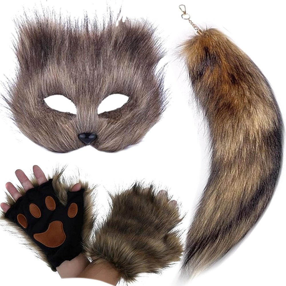 NWSTESLE Furry Therian Mask and Tail for Kids,Animal Fox Mask Wolf Tail Paws Set,Over 1 Years Old Brown