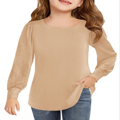 Haloumoning Girls Puff Long Sleeve Shirts Kids Casual Crewneck Soft Tunic Tops Blouse 5-14 Years Khaki