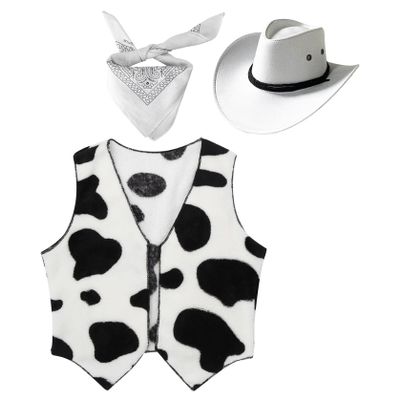 Manyakai Unisex Kids Cowboy Cowgirls Outfits Cow Print Vest Waistcoat Tops with Bandana Hats Set White 5 Years