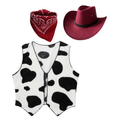 Manyakai Unisex Kids Cowboy Cowgirls Outfits Cow Print Vest Waistcoat Tops with Bandana Hats Set Burgundy 3 Years