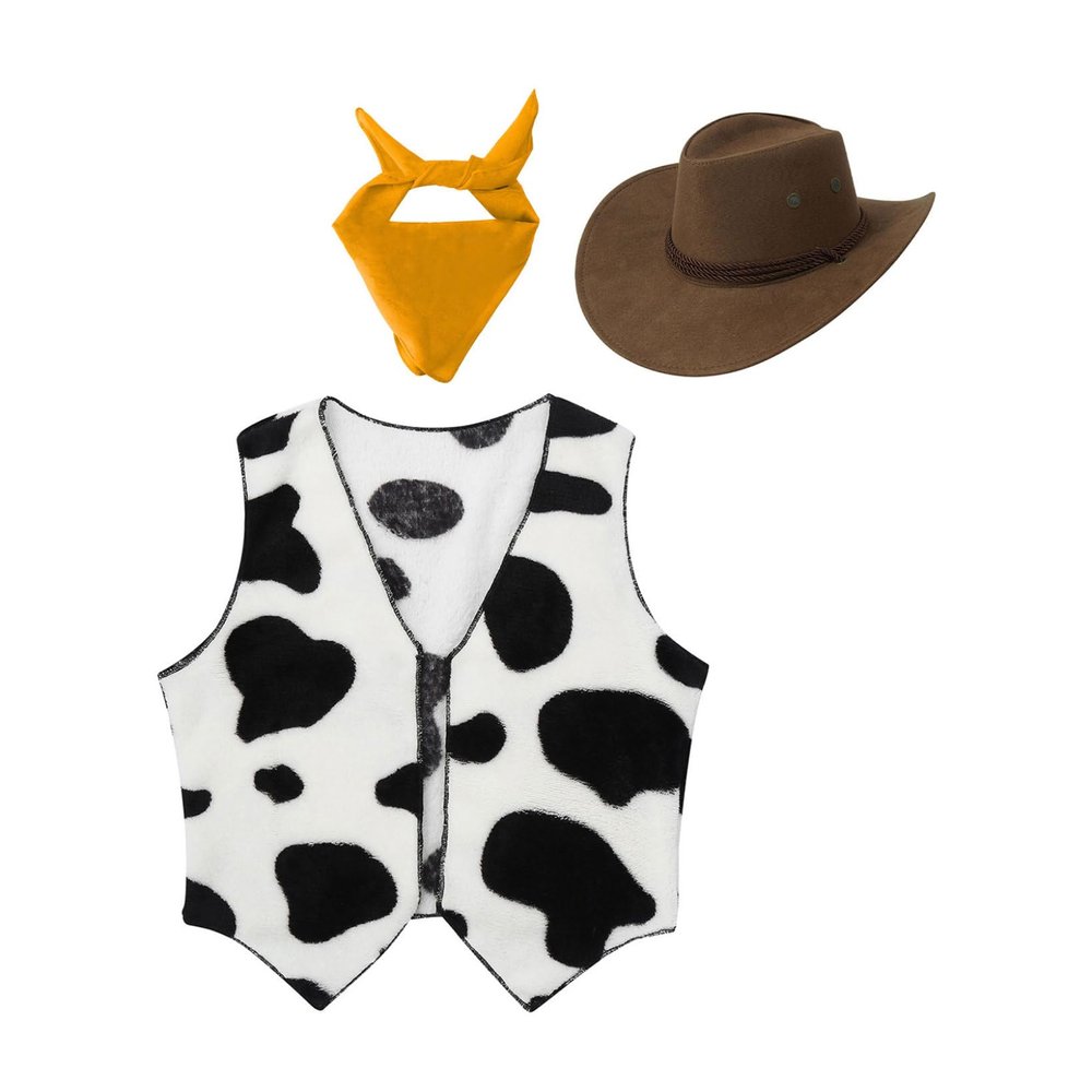 Hansber Kids Cowboy Cowgirl Outfits Open Front Waistcoat Tops Cow Print Vest with Bandana Hats for Halloween Party Yellow 10 Years