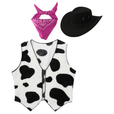 Manyakai Unisex Kids Cowboy Cowgirls Outfits Cow Print Vest Waistcoat Tops with Bandana Hats Set Rose 8 Years
