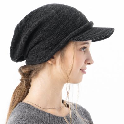  100% Cotton Women's Knit Hat with Brim Aria Knit Cap Newsboy Knit Cap Cold Protection Medical Hat Large Size (US, Alpha, One Size, Mix Black)