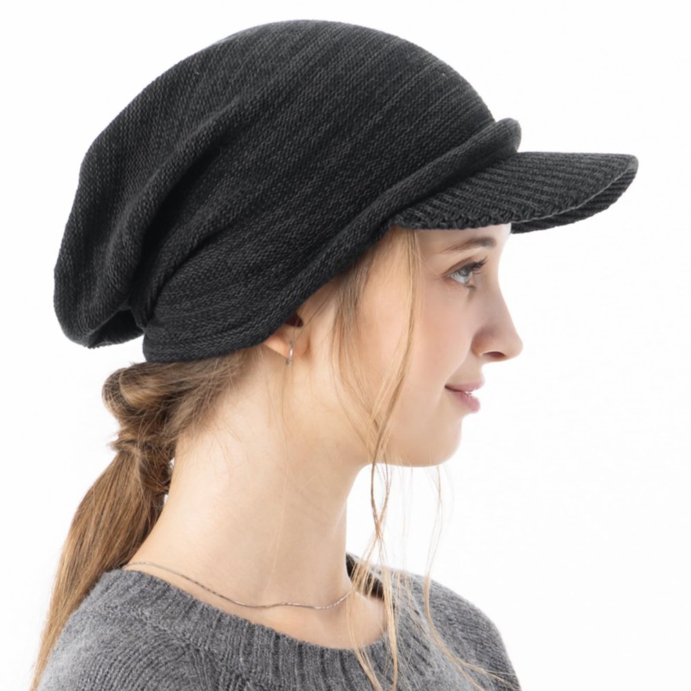  100% Cotton Women's Knit Hat with Brim Aria Knit Cap Newsboy Knit Cap Cold Protection Medical Hat Large Size (US, Alpha, One Size, Mix Black)