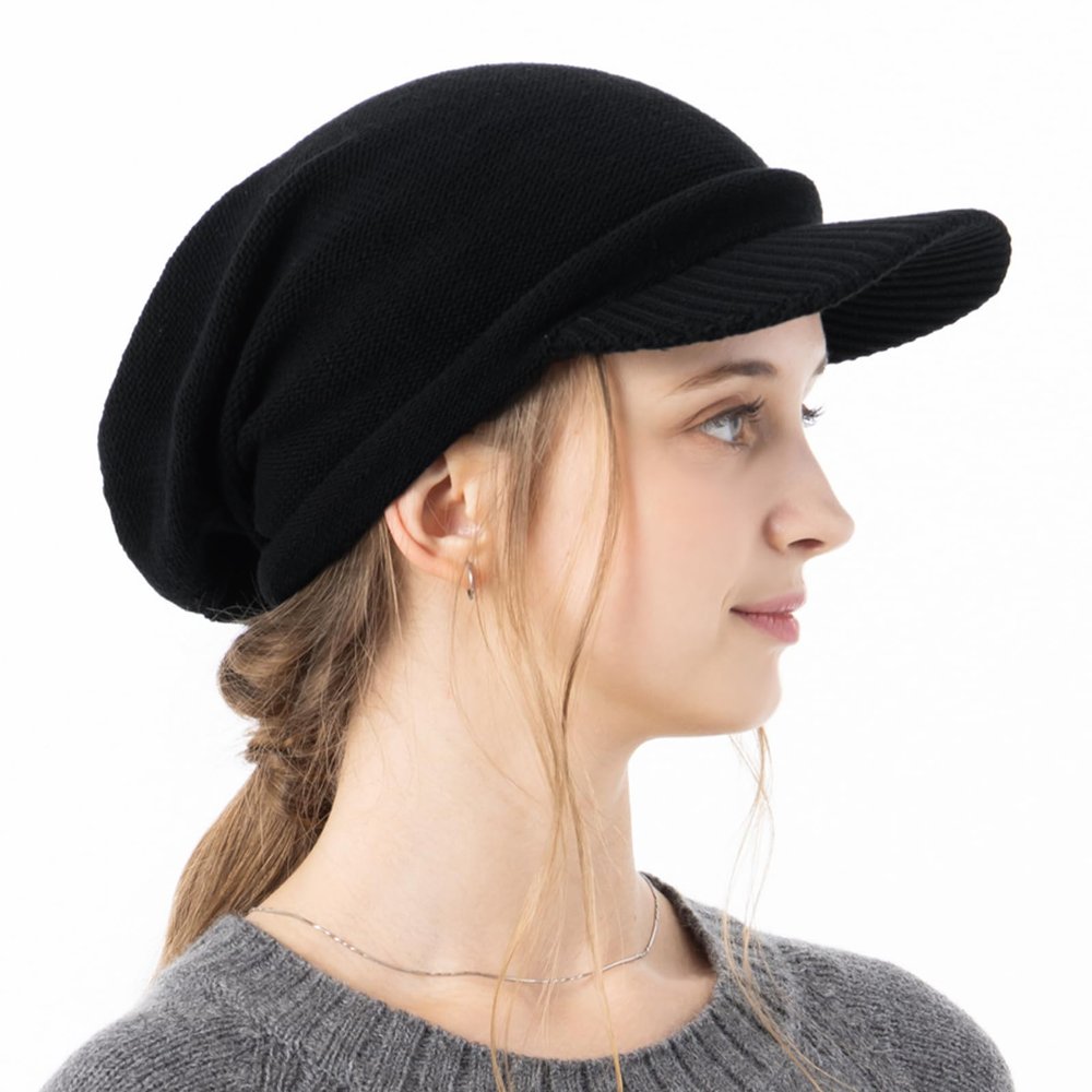  100% Cotton Women's Knit Hat with Brim Aria Knit Cap Newsboy Knit Cap Cold Protection Medical Hat Large Size (US, Alpha, One Size, Black)