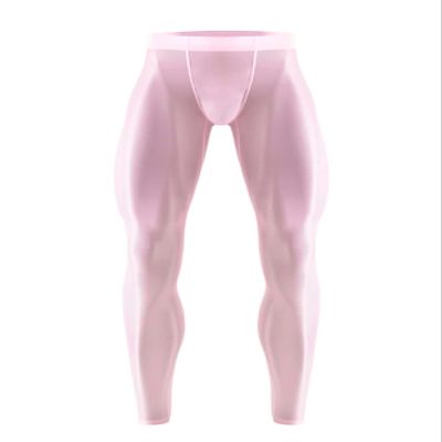 Moily Men Ice Silk Underwear Low Rise Slim Legging Tight Pant Bulge Pouch Seamless Stretchy Long Trousers Pink Medium