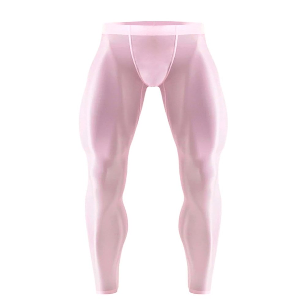 Moily Men Ice Silk Underwear Low Rise Slim Legging Tight Pant Bulge Pouch Seamless Stretchy Long Trousers Pink Medium