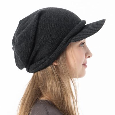  100% Cotton Women's Knit Hat with Brim Aria Knit Cap Newsboy Knit Cap Cold Protection Medical Hat Large Size (US, Alpha, One Size, Charcoal)
