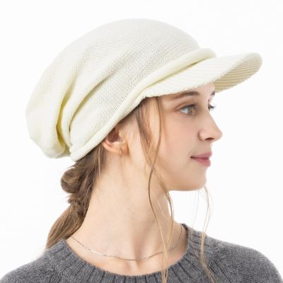  100% Cotton Women's Knit Hat with Brim Aria Knit Cap Newsboy Knit Cap Cold Protection Medical Hat Large Size (US, Alpha, One Size, White)