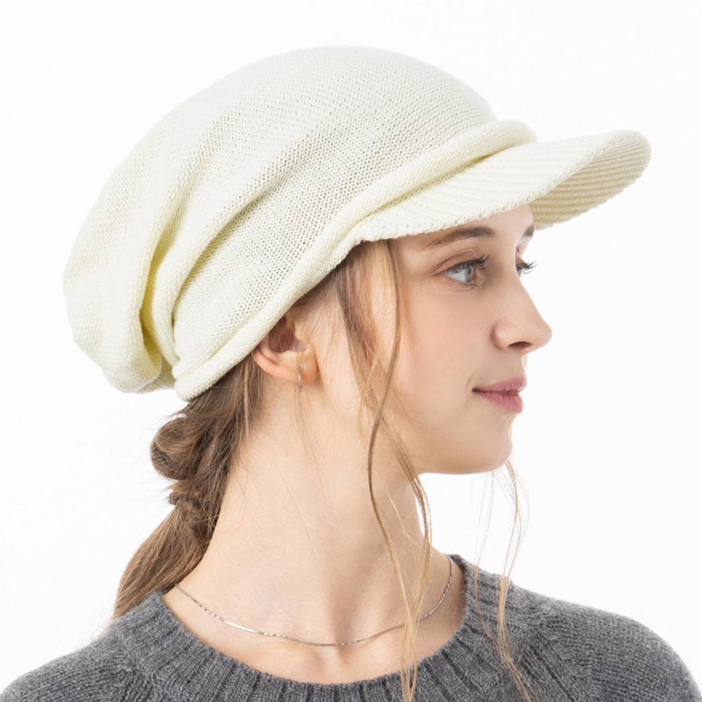 100% Cotton Women's Knit Hat with Brim Aria Knit Cap Newsboy Knit Cap Cold Protection Medical Hat Large Size (US, Alpha, One Size, White)