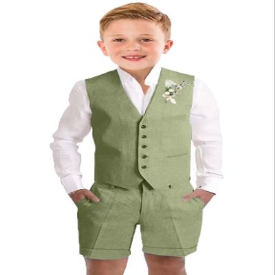 Boys Linen Short Suit Set Slim Fit Toddler Boys Casual Summer Outfit Wedding Suit Kids Tuxedo Suit Vest Shorts Pants Set Size 8 Green