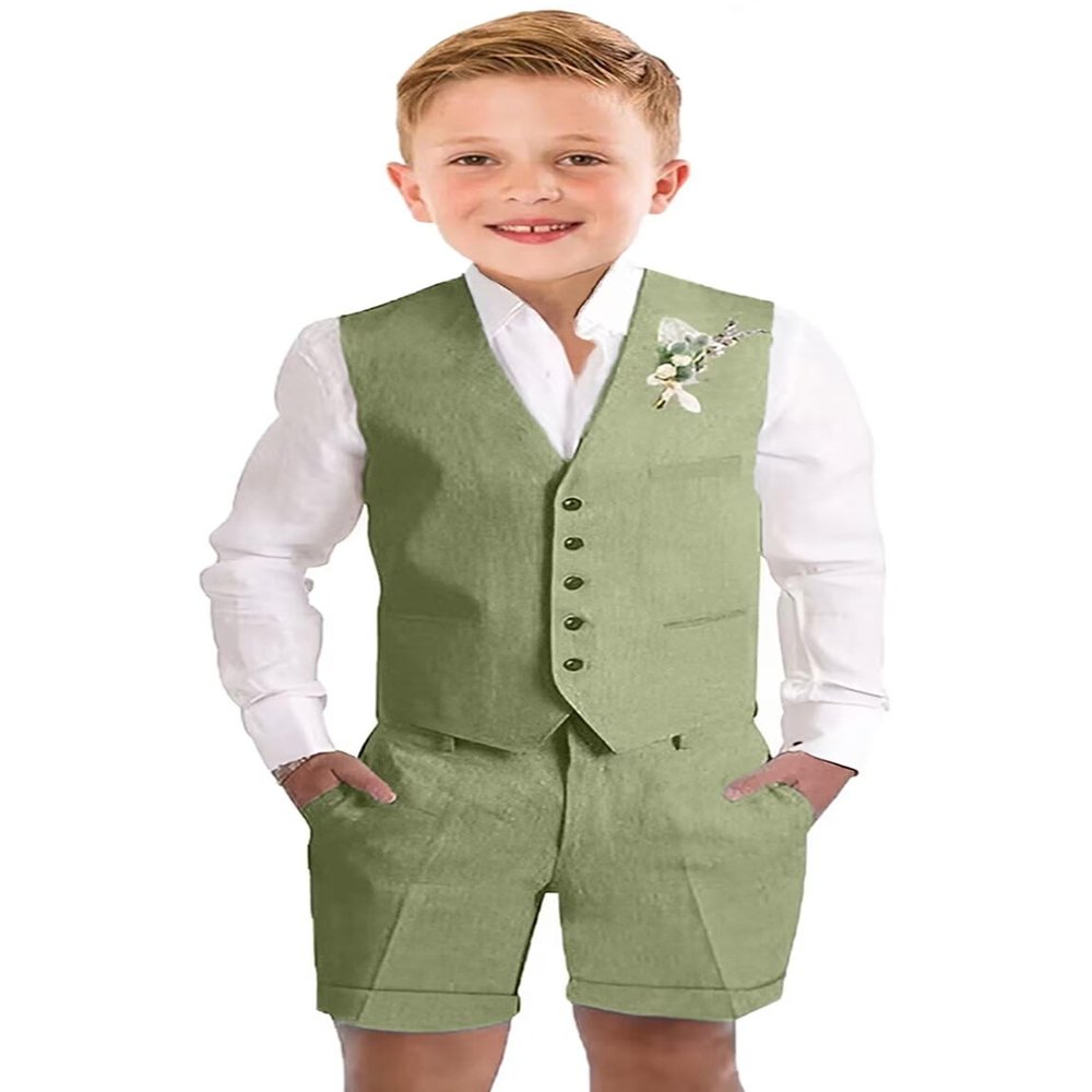 Boys Linen Short Suit Set Slim Fit Toddler Boys Casual Summer Outfit Wedding Suit Kids Tuxedo Suit Vest Shorts Pants Set Size 8 Green