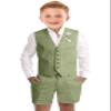 Boys Linen Short Suit Set Slim Fit Toddler Boys Casual Summer Outfit Wedding Suit Kids Tuxedo Suit Vest Shorts Pants Set Size 8 Green view 1