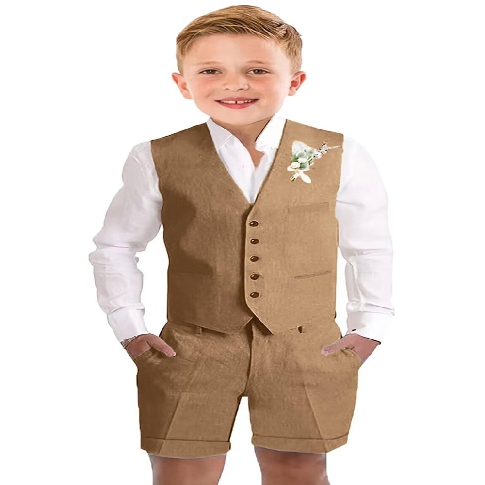 Kids Linen Shorts Suit for Teenage Boys Khaki Casual Summer 3 Piece Formal Wedding Prom Tuxedo Vest Shorts Suit Set Size 18