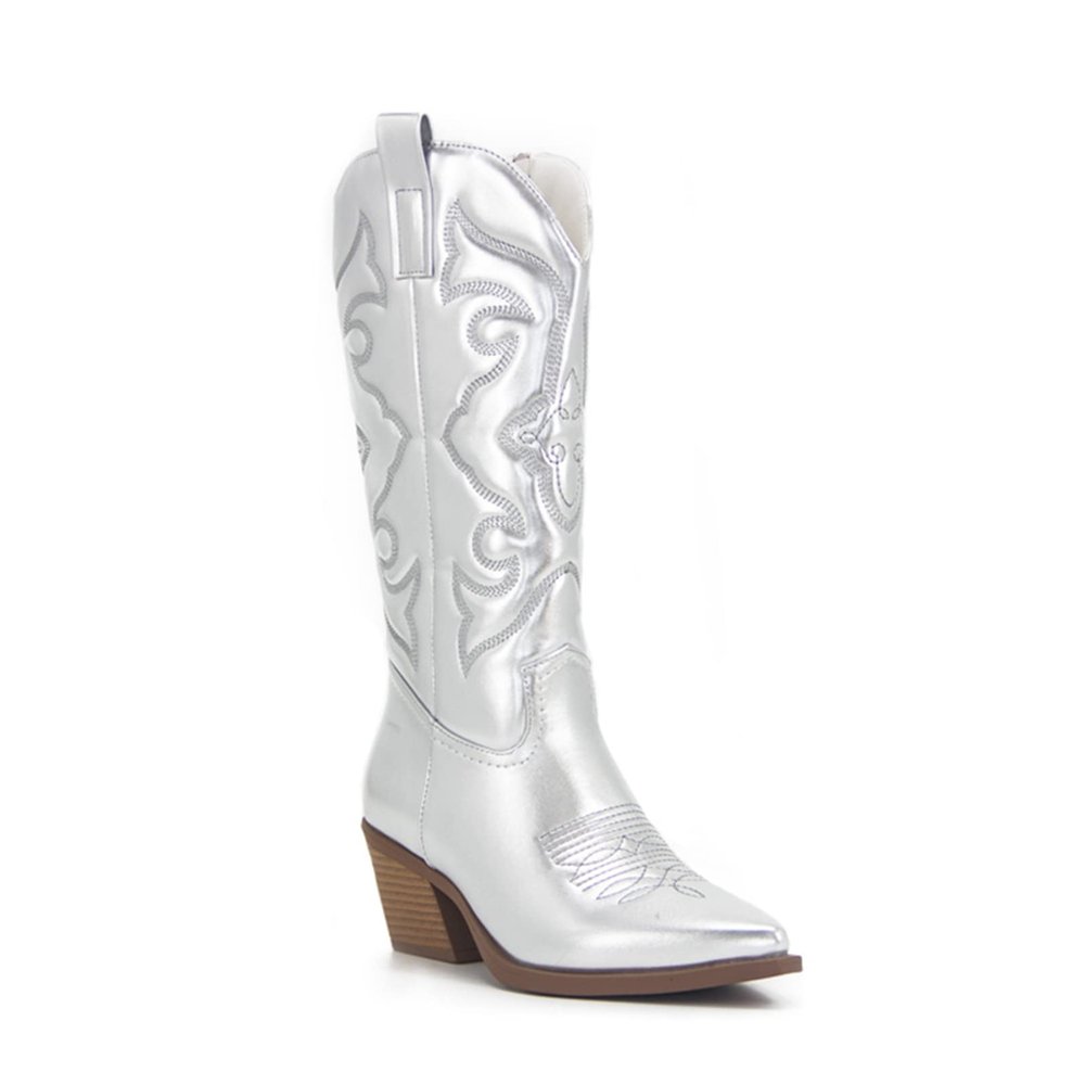 Ladmiple Cowgirl Boots Women Square Toe Tight Brown Womens Embroidered Pull On Cowboy Cowgirl Boots Block Chunky Heel Western Mid Calf Boots Riding Wedding Boots