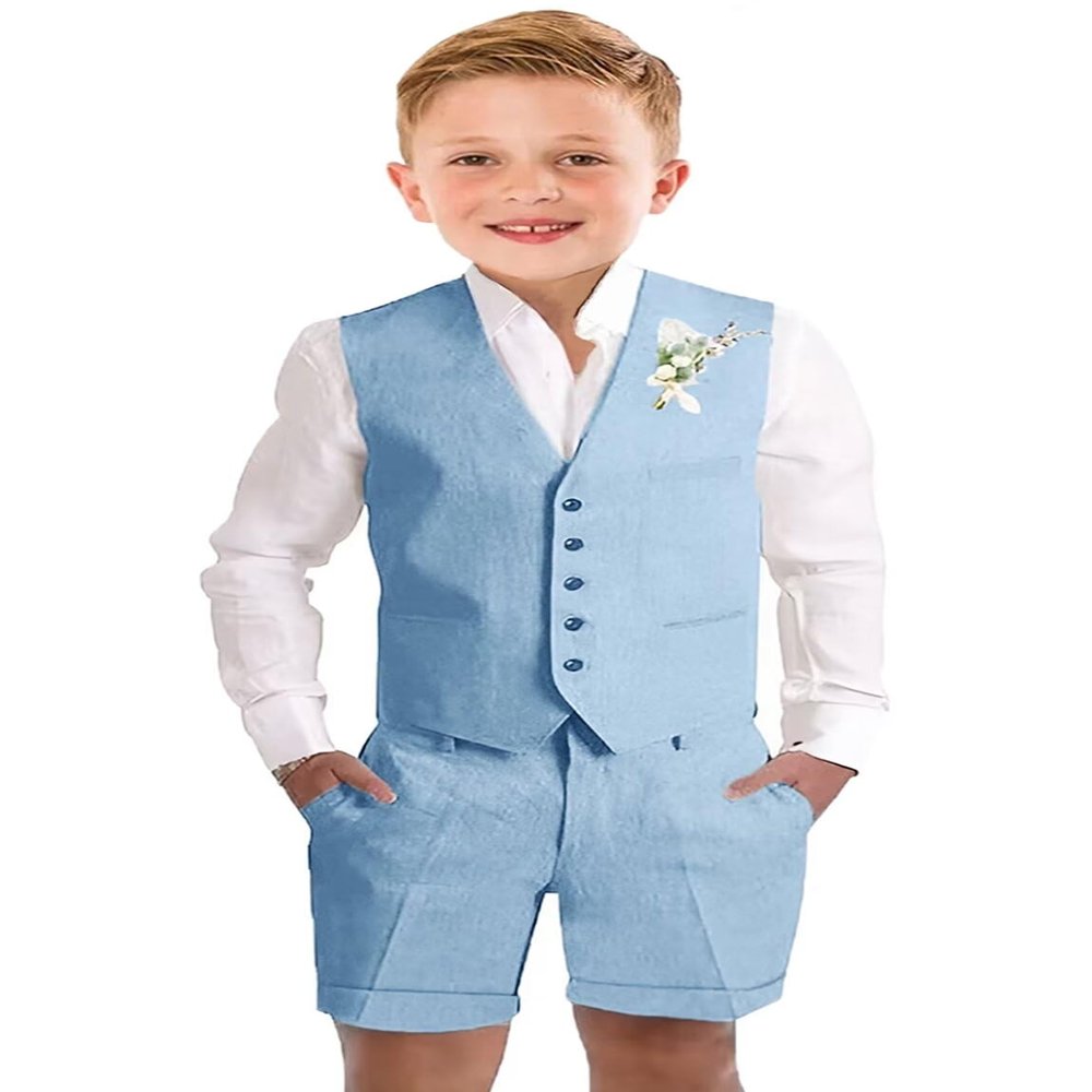 Boy Short Suits Linen Light Blue Kids Tuxedo Vest Suits for Toddler Boys Formal Dress Clothes Beach Wedding Outfit Size 4