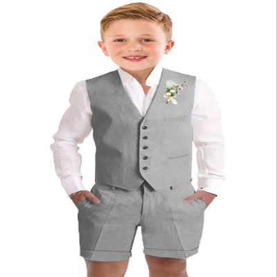 Teen Boys Grey Linen Suits Formal Prom Tuxedo Teenager Vest Shorts Suit Set for Wedding Dresswear Graduation Outfit Size 20