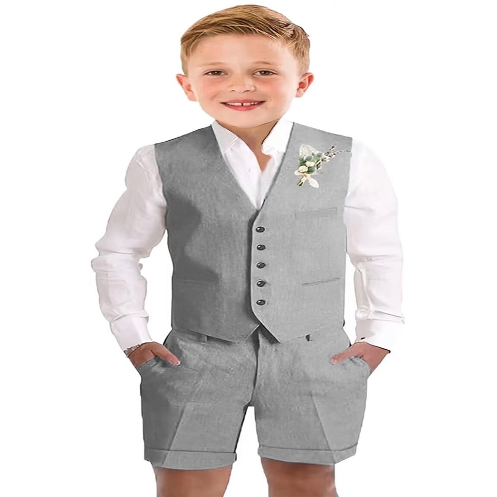 Teen Boys Grey Linen Suits Formal Prom Tuxedo Teenager Vest Shorts Suit Set for Wedding Dresswear Graduation Outfit Size 20