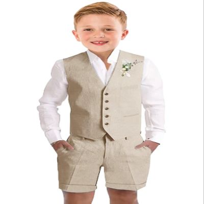 Linen Short Suit for Boys Beige Summer Casual Beach Wedding Outfit Kids Formal Tuxedo Vest Suit Shorts 3 Pieces Set 3t