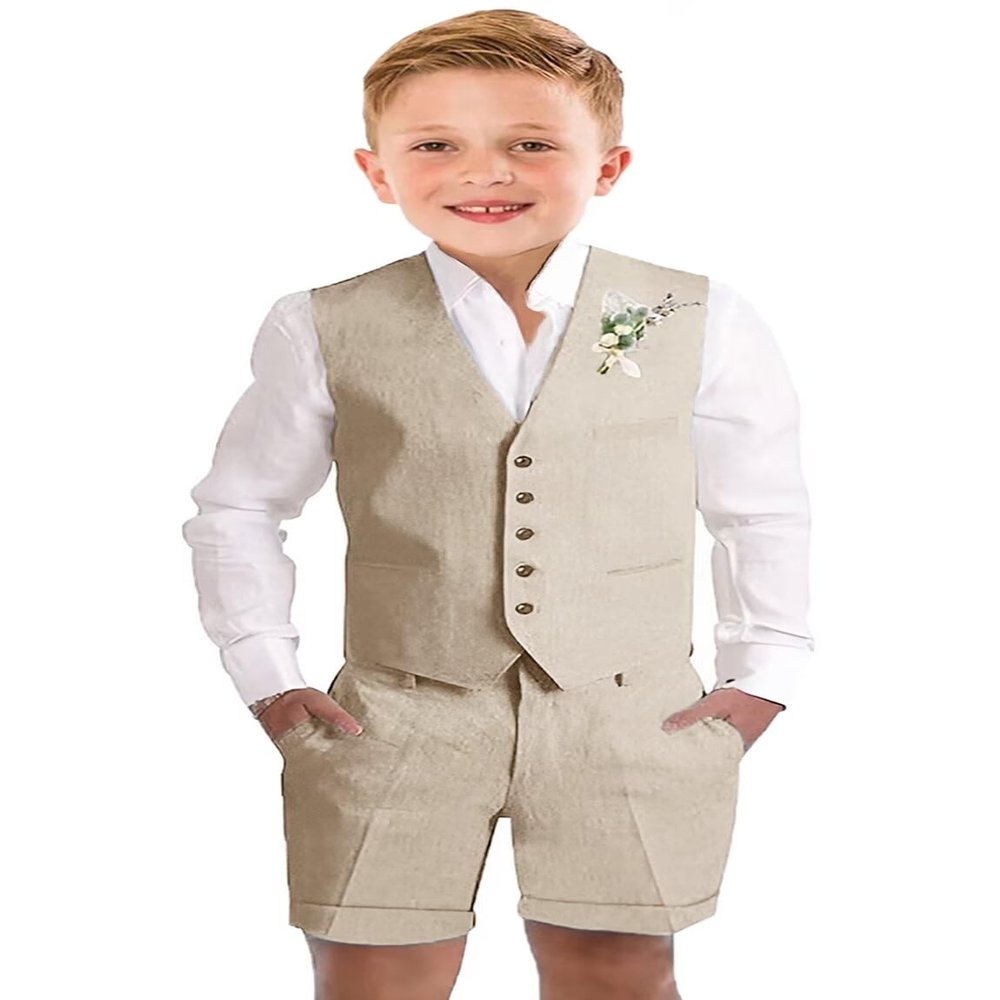 Linen Short Suit for Boys Beige Summer Casual Beach Wedding Outfit Kids Formal Tuxedo Vest Suit Shorts 3 Pieces Set 3t