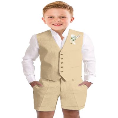 Kids Linen Shorts Suit for Boys 2t Dress Clothes Formal 3 Piece Toddler Boy Tuxedo Vest Suit Set Beach Wedding Outfit with Tie Champagne