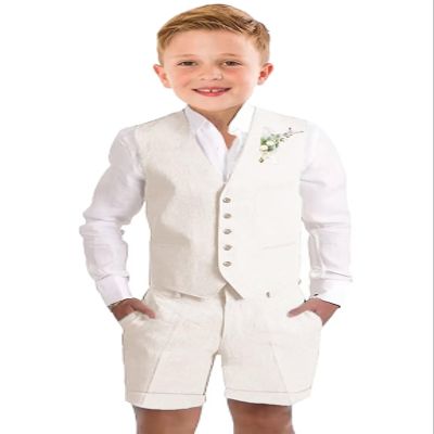 Little Boys Linen Shorts Suit for Kids Ivory Tuxedo Vest Suit Set for Toddle Boy Summer Casual Beach Wedding Outfit Size 4