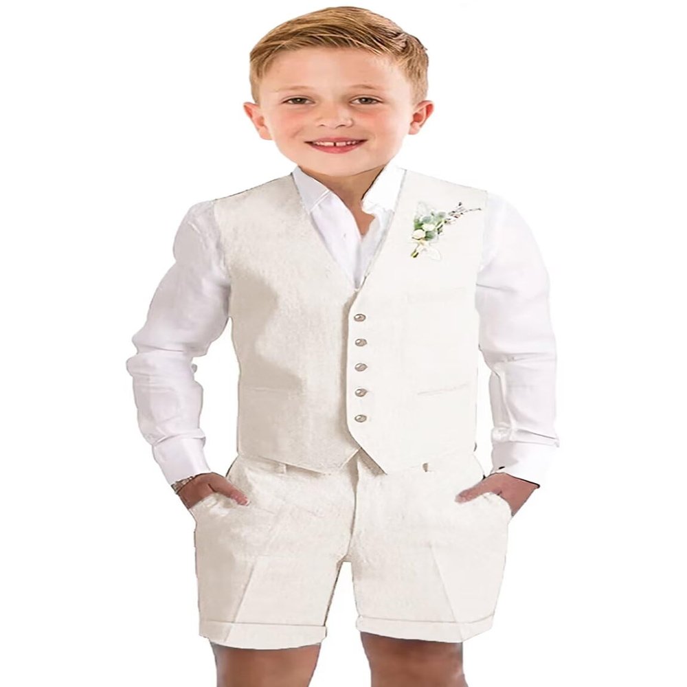 Little Boys Linen Shorts Suit for Kids Ivory Tuxedo Vest Suit Set for Toddle Boy Summer Casual Beach Wedding Outfit Size 4
