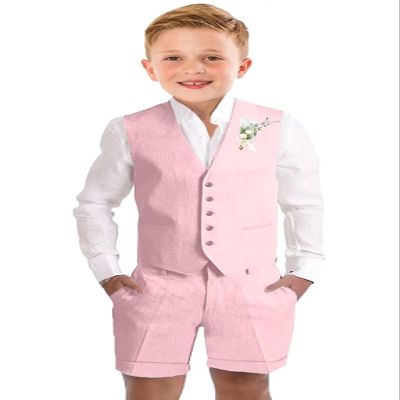 Baby Boys Pink Short Suits Linen Formal 3 Piece Vest Set KidsTuxedo Shorts Suits for Toddler Boy Beach Wedding Outfit Size 2t