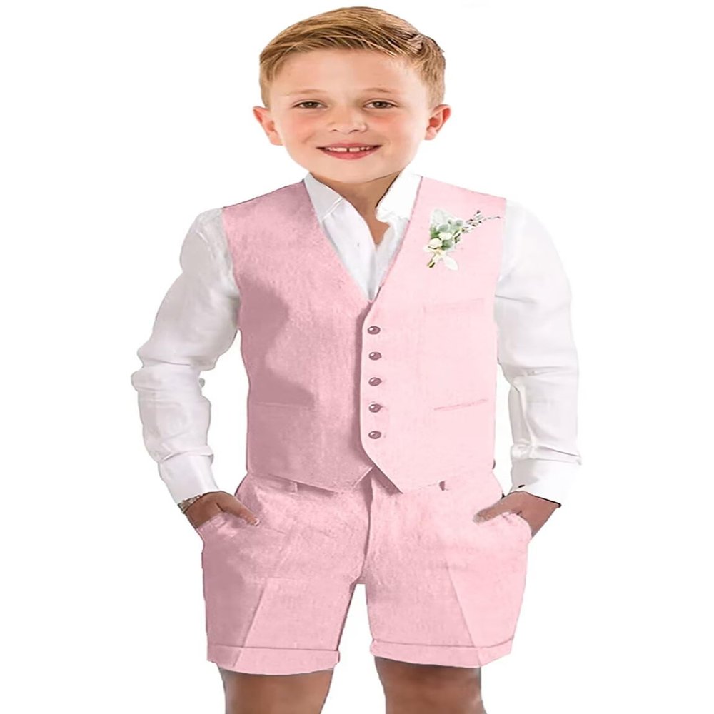 Baby Boys Pink Short Suits Linen Formal 3 Piece Vest Set KidsTuxedo Shorts Suits for Toddler Boy Beach Wedding Outfit Size 2t