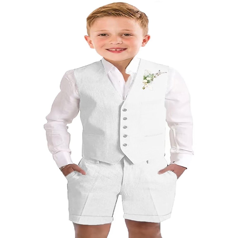 Boy Linen Vest Suits Formal 3 Pieces White Shorts Suit for Boys Beach Wedding Outfit Kids Prom Tuxedo Dresswear Set Size 10