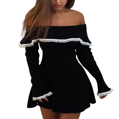 chouyatou Women's Off The Shoulder Bell Long Sleeve Sweater Mini Dress Lace Trim Bodycon Ribbed Knit Sweater Dress (Medium, Black)