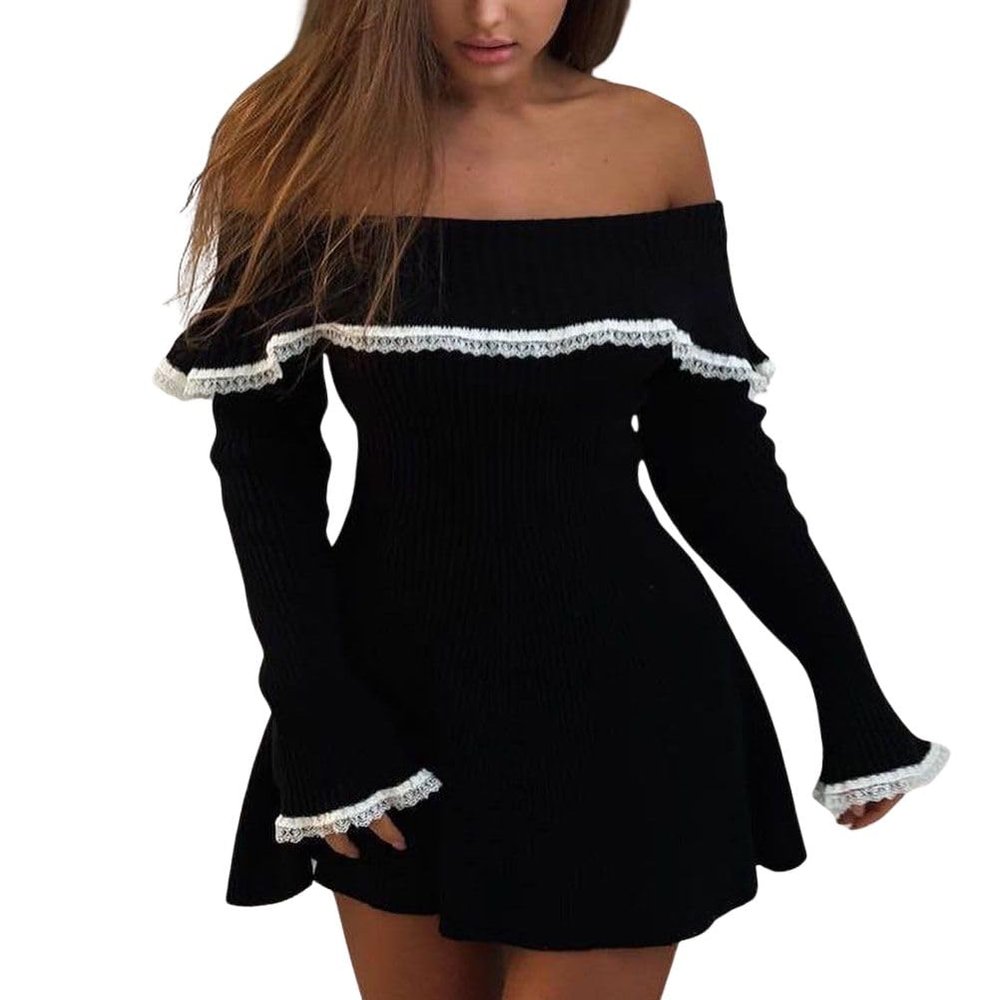 chouyatou Women's Off The Shoulder Bell Long Sleeve Sweater Mini Dress Lace Trim Bodycon Ribbed Knit Sweater Dress (Medium, Black)