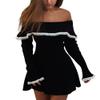chouyatou Women's Off The Shoulder Bell Long Sleeve Sweater Mini Dress Lace Trim Bodycon Ribbed Knit Sweater Dress (Medium, Black) view 1