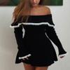 chouyatou Women's Off The Shoulder Bell Long Sleeve Sweater Mini Dress Lace Trim Bodycon Ribbed Knit Sweater Dress (Medium, Black) view 4