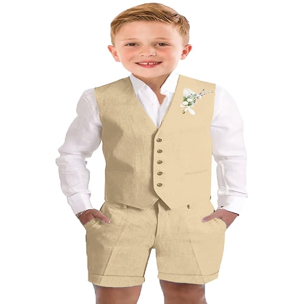 Tesscy Summer Shorts Suit for Boys Linen Casual Light Weight Wedding Tuxedo Vest Suit Kids Slim Fit Formal Suit Vest Short Set Size 4 Champagne