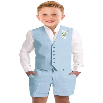 Boys Linen Shorts Suit for Kids Blue Casual Lightweight Shorts Summer Wedding Beach Prom Tuxedo Vest Suit Outfit Size 16