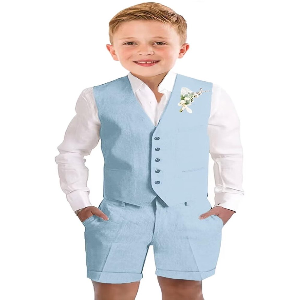 Boys Linen Shorts Suit for Kids Blue Casual Lightweight Shorts Summer Wedding Beach Prom Tuxedo Vest Suit Outfit Size 16
